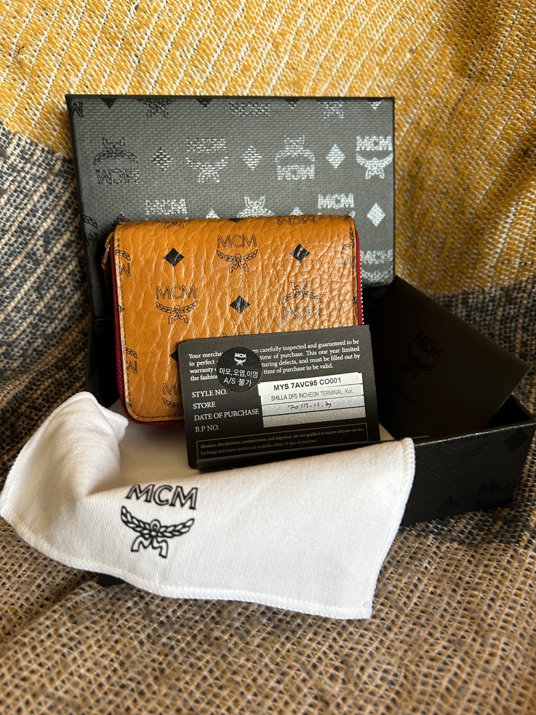 Mcm Visetos Compact Zip Wallet In Cognac With Red Trim